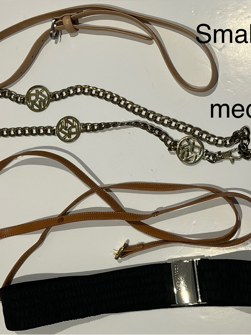 Assorted Belts with Tan Leather Straps and Gold Chain Accents, Black Stretch
